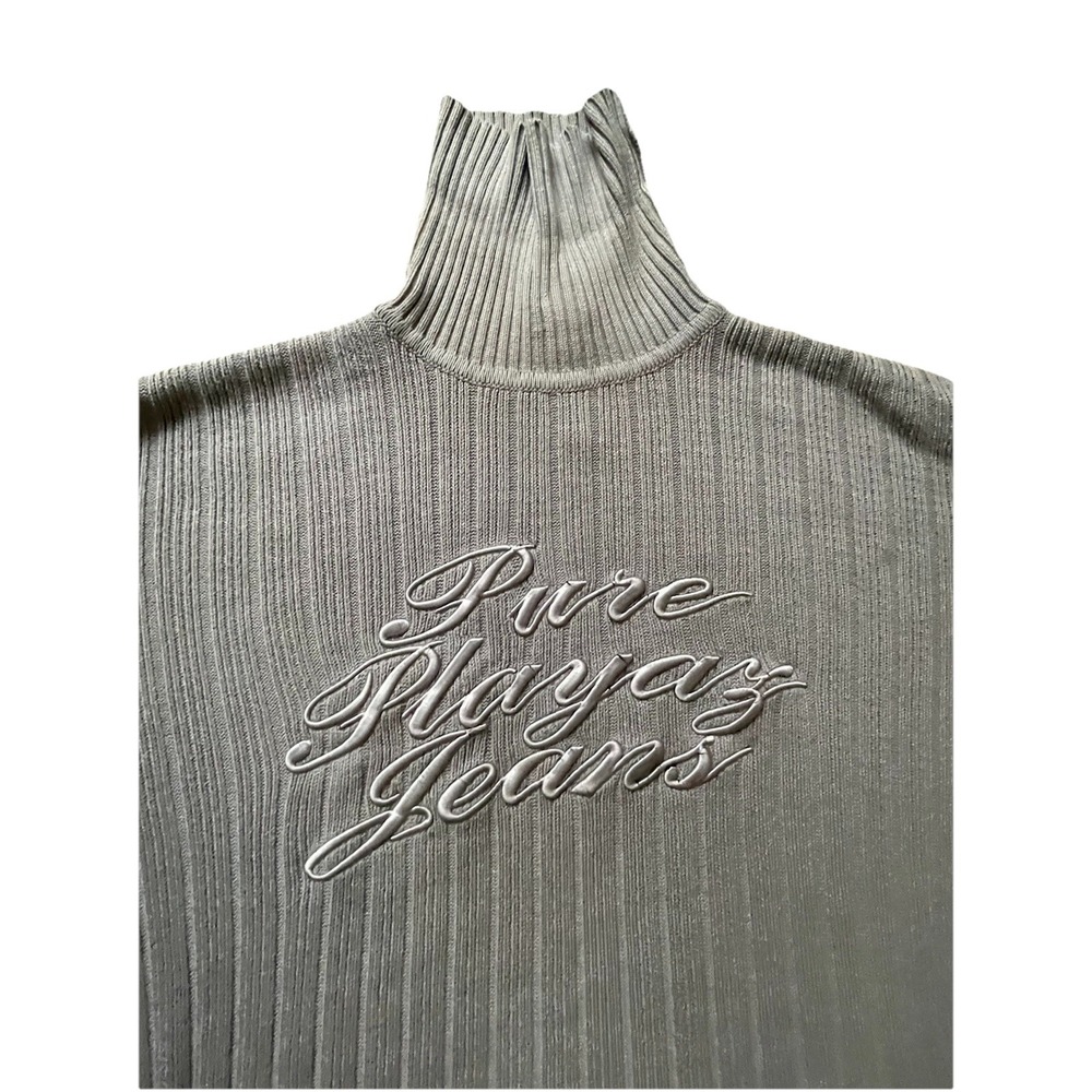 VTG Pure Playaz Mens Gray Y2K Hip Hop Spellout Cable Knit Turtleneck Sweater L‎